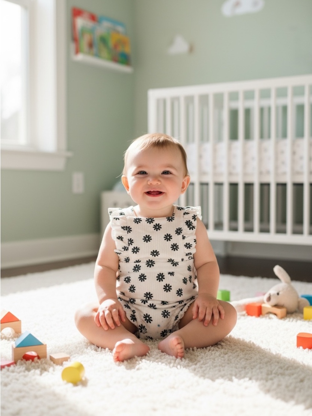 Cat & Jack Cream Romper with Black Daisy Print 3-6m NWT
